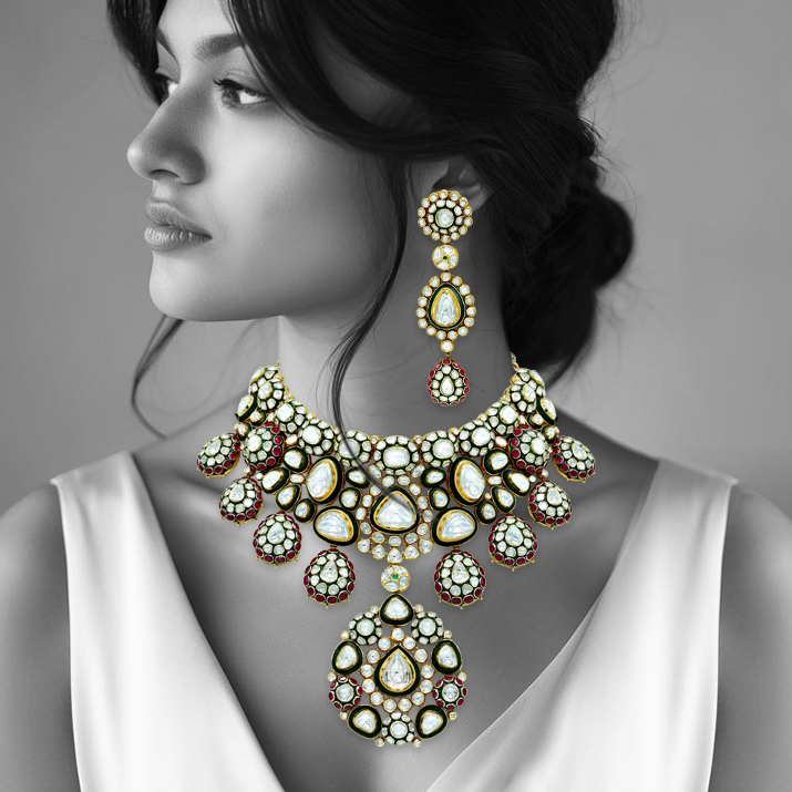 Bridal Polki Choker with Rubies, Green Meena, and Makadi Design Necklace Set